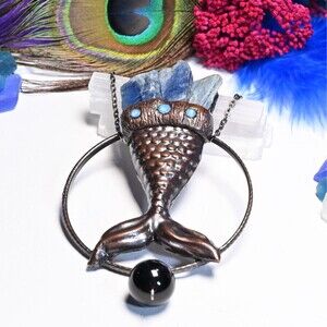 Kyanite and Swarovski Crystal Copper Electroformed Mermaid Necklace